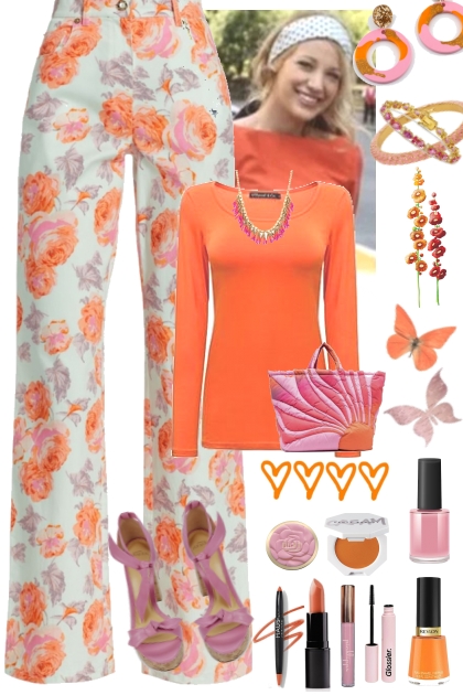 Pink And Orange Flowered Pants- Modna kombinacija