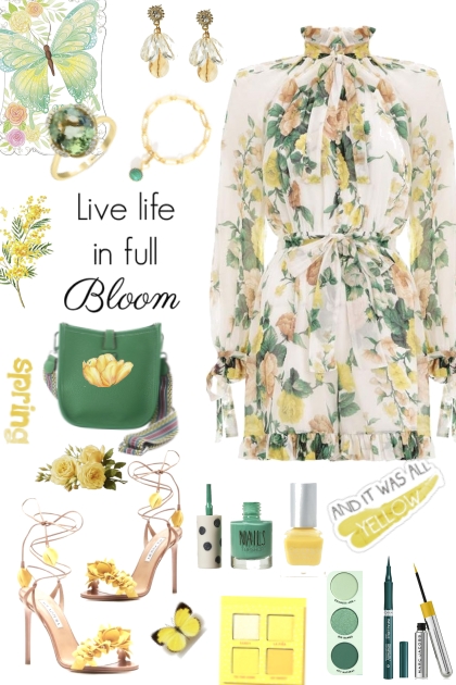 Yellow And Green Flowered Dress- Modna kombinacija