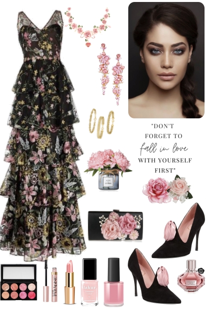 Special Event Black Ruffled Dress With Floral Prin- combinação de moda