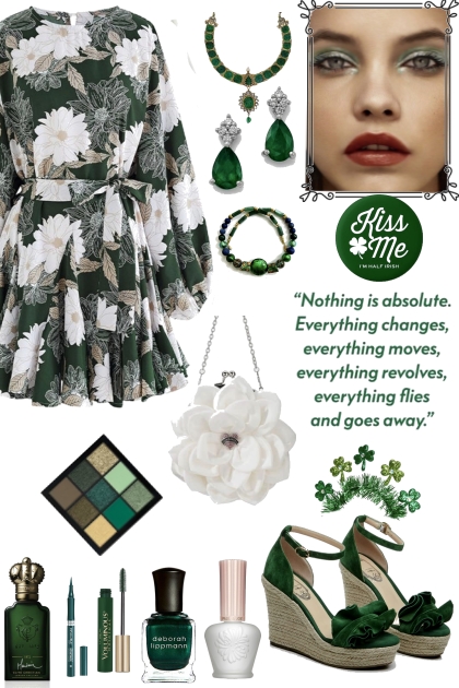 Dark Green Dress With White Flowers- Modna kombinacija