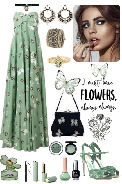Spring Green Black White Flower Dress- Fashion set