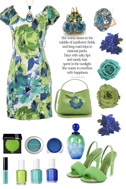 3285 Teal Blue Green  Flowered Dress