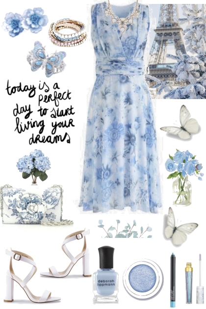 #297 Light Blue Flowered Dress- combinação de moda