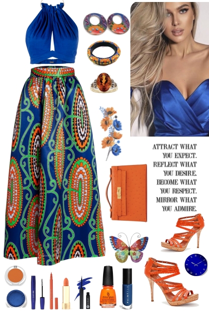 #3318 Long Skirt  Orange And Blue- Modna kombinacija