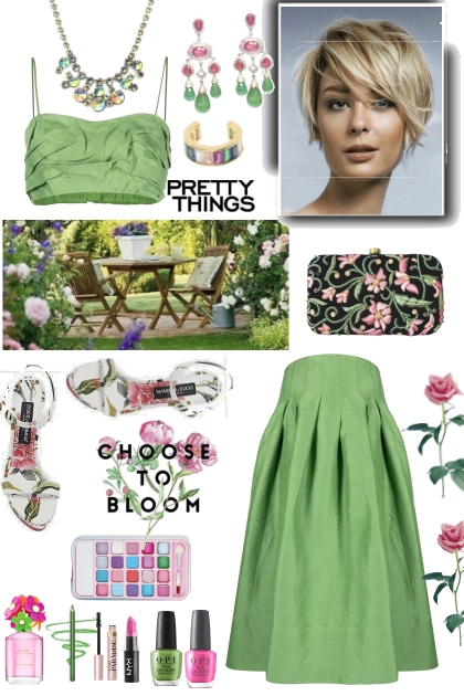 #351 Spring Green Top And Skirt- Fashion set