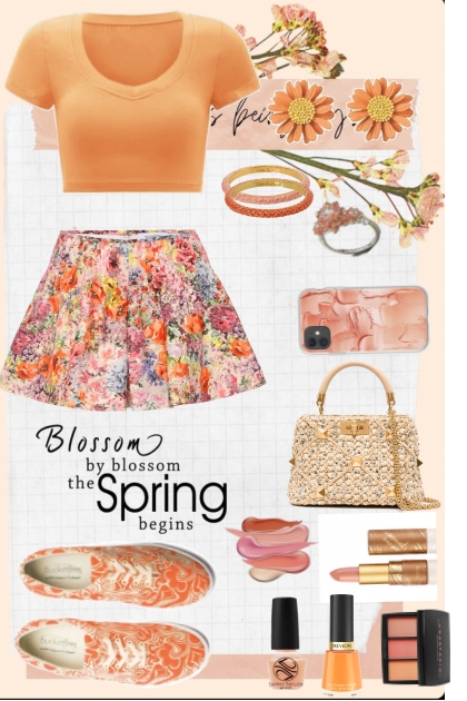 #354 Orange And Peach Print Shorts- combinação de moda