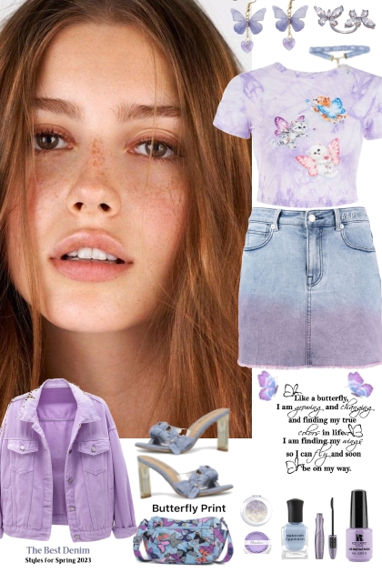 #355 Butterflies And Denim Skirt- Combinaciónde moda