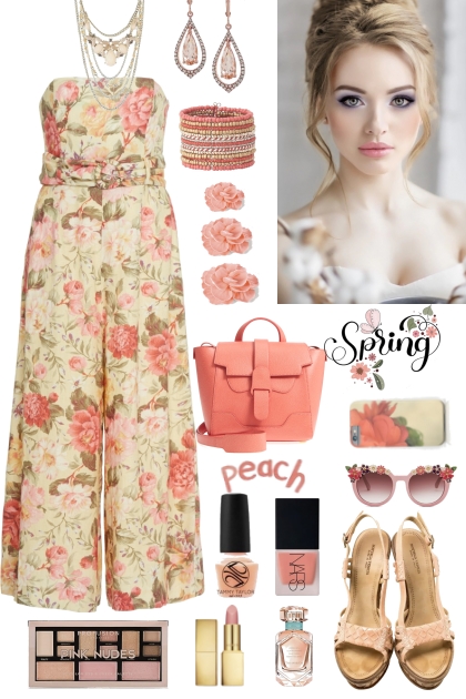 #373 Peach Flowered Jumpsuit- combinação de moda