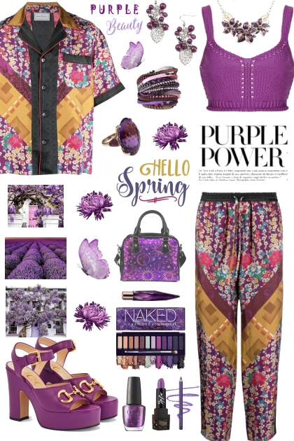 #383 Purple Print Top And Pants- Modna kombinacija