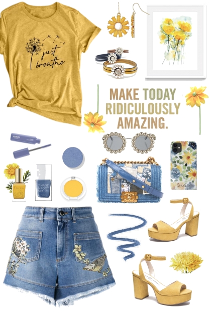 #388 Yellow Tee Shirt And Denim Shorts- Combinaciónde moda