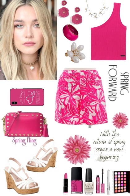 #410 2023 Hot Pink Floral Shorts- combinação de moda