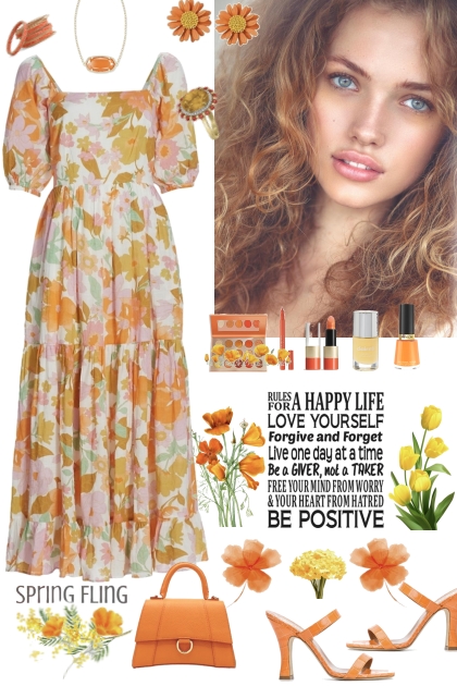 #417 2023 Orange And Yellow Floral Dress- combinação de moda