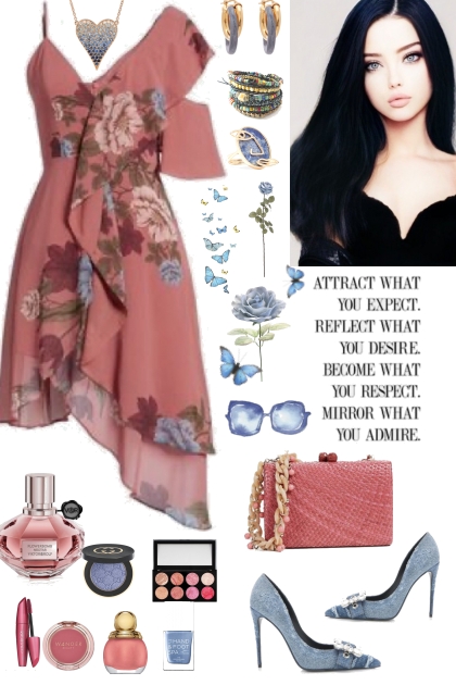 #421 2023 Floral Dress With Blue- combinação de moda