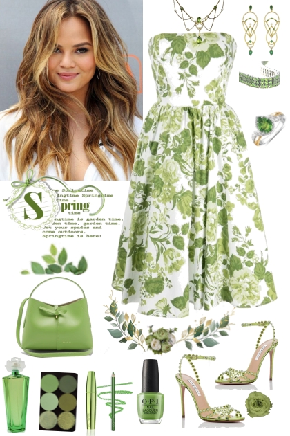 #474 2023 Spring Green Floral Dress- Combinaciónde moda