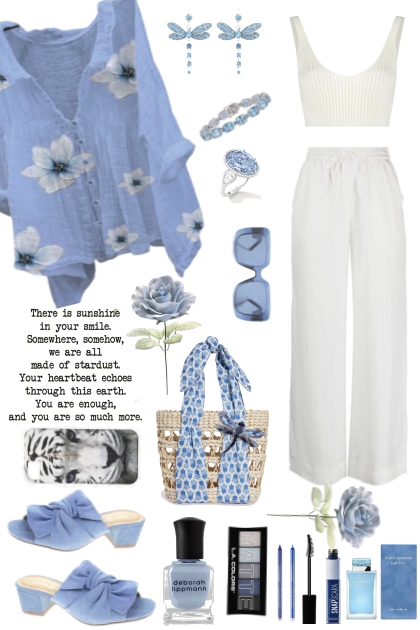 #620 2023 Summery Blue And White- combinação de moda