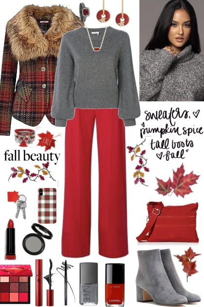 #809 2023  Fall Gray and Red- combinação de moda
