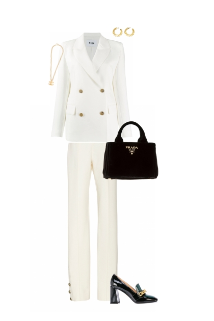 white pants suit work outfit- Combinazione di moda