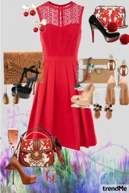 Red dress - shoes/bag/earings- Combinazione di moda