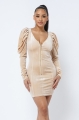 Clothes/footwear details Nude Soft Velvet Pleated Puff Sleeve Low V Neck Front And Back Mini Dress (Dresses)