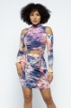 Clothes/footwear details Tie Dye Open Shoulder Long Sleeve Top And Matching Skirt W Ruching Details (Dresses)