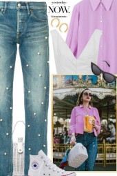 PINK JACKET &amp; PEARL EMBELLISHED JEANS