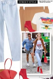   Gigi Hadid rocks red boots to brunch 