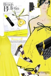 Gul kjole med gule/sorte sko og veske