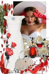 Hvit kjole med røde roser 4-5
