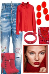 Jeans with red.