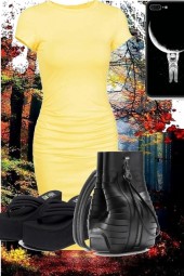 yellow tee dress with black accessories