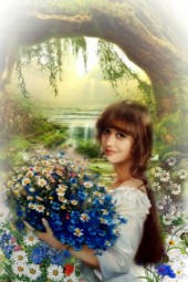 A girl with daisies and cornflowers
