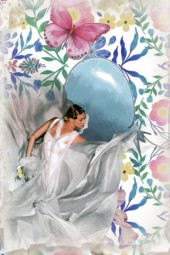A lady with a blue balloon