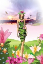 Green dress with magenta flowers 