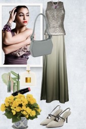Evening outfit in greyish green