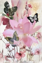 Pink flowers, black butterflies