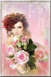 Lady with a bunch of pink roses