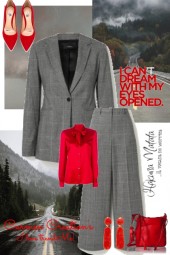 Journi's Grey Stripe Suit With Red Accents Outfit