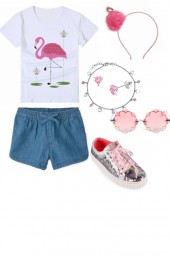 white flamingo top and blue shorts