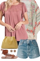 Mauve Flutter Sleeve Top w/ Lace Outfit 1