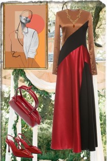 Satin dress in red, black and brown