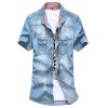 Allonly Men's Fashion Ripped Hole Short Sleeves Denim Button Down Shirt Casual Tshirt - Shirts - $19.01 