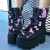 Black Leather Platform Boots Flowers - Buty wysokie - 