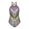 Blooming Jelly Women's One Piece High Cut Halter Backless Criss Cross Monokini Tropical Tribal Print Swimsuit - Swimsuit - $18.99 