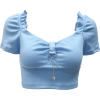 Blue exposed navel skinny chain top female short-sleeved fungus elastic T-shir - Shirts - $23.99 