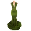 BridalAffair Olive Green Mermaid Dress for Prom Dresses Deep V-Neck Satin Beaded Lace Appliqued Sweep Train Evening Party Gowns - Dresses - $209.00 