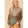 Brown Mix Solid And Animal Print Mixed Knit Turtleneck Top With Long Sleeves - Long sleeves shirts - $31.24  ~ £23.74