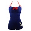COCOSHIP Women's 50s Retro Navy Blue Nautical One Piece Maillot Anchors Away Swimsuit(FBA) - Swimsuit - $25.99 