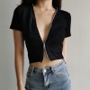 Cardigan t-shirt women double zipper v-neck sexy tight exposed navel short sleet - Shirts - $19.99 