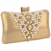 Classic Pearl Beads Brooches Rhinestone Encrusted Latch Hard Case Clutch Baguette Evening Bag Handbag Purse w/2 Chain Straps Gold - Hand bag - $35.50 