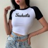 Contrast color raglan letter short-sleeved T-shirt female casual tight short nav - Srajce - kratke - $19.99  ~ 17.17€